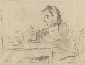 Girl Sitting at the Table with Cup by Albert Anker